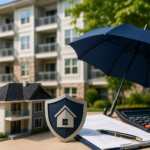 HOA insurance documents with a model condominium, calculator, and protection shield symbolizing a condo association insurance deductible increase.