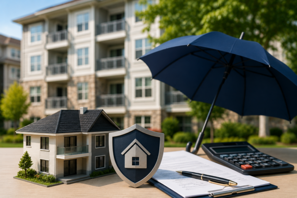 HOA insurance documents with a model condominium, calculator, and protection shield symbolizing a condo association insurance deductible increase.