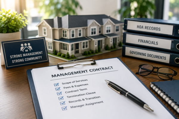 Learn what every HOA board should review before signing a property management contract, including fees, manager selection, contract terms, and record transfer requirements.
