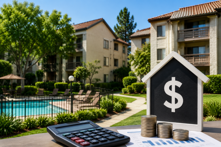 Older condominium community with shared amenities illustrating why aging properties may have higher HOA fees due to maintenance, insurance, and reserve funding.