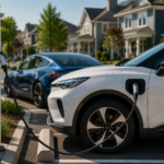 Compact electric vehicles charging at a public charging station with American suburban homes in the background, illustrating the challenges of affordable EV adoption in the United States