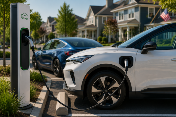 Compact electric vehicles charging at a public charging station with American suburban homes in the background, illustrating the challenges of affordable EV adoption in the United States