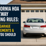 California HOA driveway parking rules: a sedan parked in front of a residential garage, with text about fines, garage requirements, and homeowner parking rules
