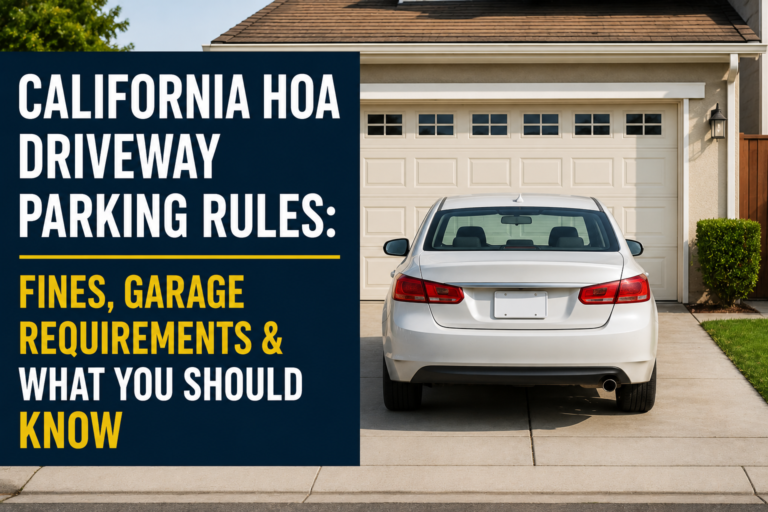 California HOA driveway parking rules: a sedan parked in front of a residential garage, with text about fines, garage requirements, and homeowner parking rules